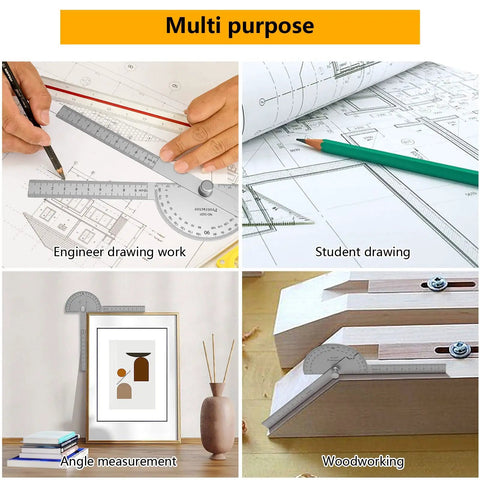 Stainless Steel Two Arm Protractor Angle Finder Ruler For Woodworking And Craftsman Projects with adjustable thumb nut in use.