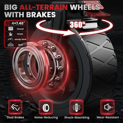 Close-up of 7.48 inch all-terrain wheel with dual brakes, part of 200L Collapsible Wagon Cart Heavy Duty Beach Wagon With Side Pocket