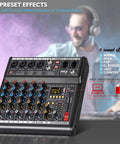 Bluetooth DJ Mixer With 6 Channel Control And DSP Effects 16 Presets USB Interface 4 XLR Mic Or Line Inputs FX Processor