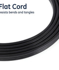 Close-up of 8 Ft 3 Outlet Flat Extension Cord With Grounded 3 Prong Plug Right Angle Flat Design 16 Gauge Power Strip.