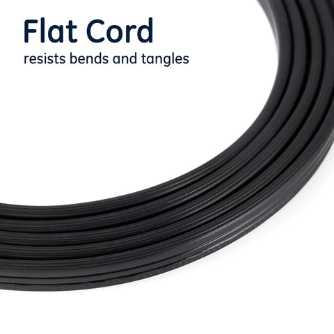 Close-up of 8 Ft 3 Outlet Flat Extension Cord With Grounded 3 Prong Plug Right Angle Flat Design 16 Gauge Power Strip.