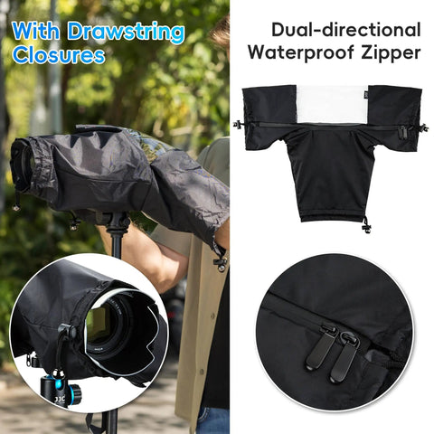 All Weather Pro Camera Rain Cover For DSLR And Mirrorless Cameras with dual-directional waterproof zipper and drawstring closures.