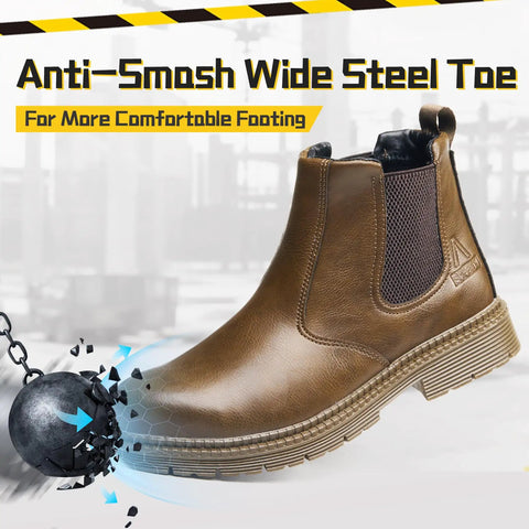 Unisex Steel Toe Chelsea Boots For Work Waterproof Lightweight Comfortable Non Slip Safety Boots With Puncture-Proof Kevlar Midsole And ASTM F2413 Impact Protection For Industrial Construction Sites, brown leather, side view