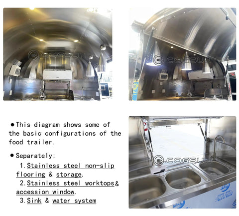 Interior view of Built Different Stainless Steel Food Truck With Fully Loaded Commercial Kitchen showing worktops and sink.