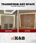 Before and after images of Super Lightweight Peel And Stick Faux Stone Wall Cladding installation in golden grey.