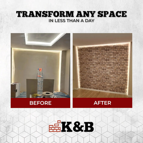Before and after images of Super Lightweight Peel And Stick Faux Stone Wall Cladding installation in golden grey.
