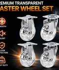 Transparent 3 inch caster wheels set of 4 with beefed up heavy duty steel plate and clear PU tread, 2 fixed and 2 swivel casters.
