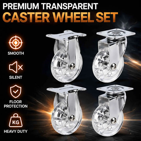 Transparent 3 inch caster wheels set of 4 with beefed up heavy duty steel plate and clear PU tread, 2 fixed and 2 swivel casters.
