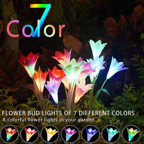 Outdoor Solar Lily Lights Upgraded Multi Color Changing Flower Garden Lights For Patio And Yard, Bigger Lily Flower And Wider Panel, Maintenance Free And Easy Install, 2 Pack In Purple And Red, glowing in garden at night