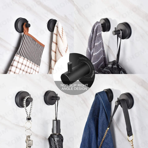 Collage of Matte Black Stainless Steel Suction Cup Hooks Set for Shower showing various bathroom and kitchen uses.