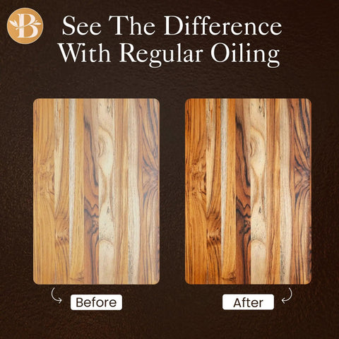 Before and after difference using Oil Applicator Brush For Cutting Boards And Wooden Utensils, showing oiled bamboo board