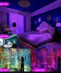 200W LED Black Purple Flood Light With 6ft Cable And Plug showing light effects in a bedroom and aquarium scene, light on and off