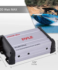 Beefy 1500W Peak 4 Channel Marine Amplifier Receiver With IP65 Waterproof And Weatherproof Marine Grade Audio For Boat And Off Road Rigs Wired RCA AUX MP3 Inputs Overload Protection PLMTR4A, silver rectangular unit with dimensions visible, near a boat.