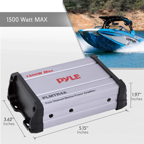 Beefy 1500W Peak 4 Channel Marine Amplifier Receiver With IP65 Waterproof And Weatherproof Marine Grade Audio For Boat And Off Road Rigs Wired RCA AUX MP3 Inputs Overload Protection PLMTR4A, silver rectangular unit with dimensions visible, near a boat.