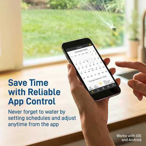 Gen 2 Smart Hose Watering Timer With Wi Fi Hub Four Pack Includes Hose Y Splitter Easy Setup And Precise Scheduling shown on smartphone