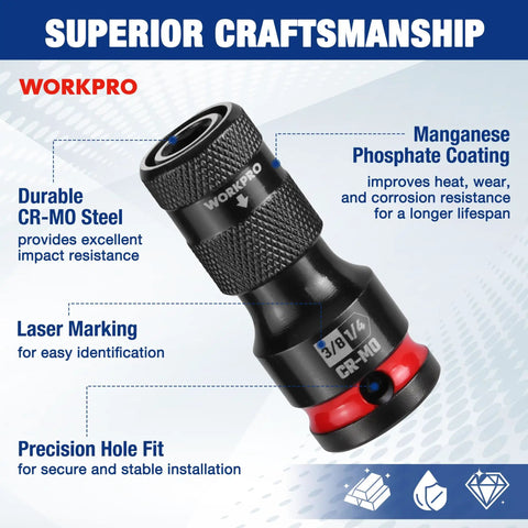 Three-Eighths To One-Fourth Inch Quick Release Impact Socket Adapter And Bit Holder made from CR-MO steel with precision fit