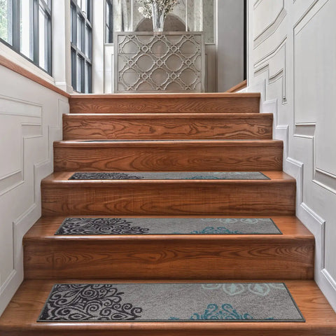 Non Slip Stair Treads Carpet Floral Gray Peel And Stick Set Of 13 8x30 Inches on wood stairs in a modern home entryway