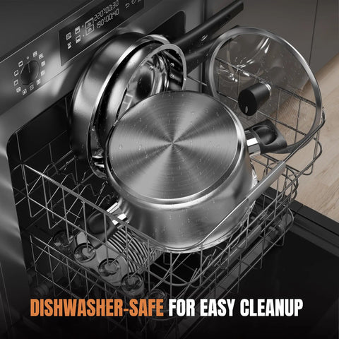 Induction Ready Stainless Steel 14 Piece Cookware Set with stay cool handles in dishwasher