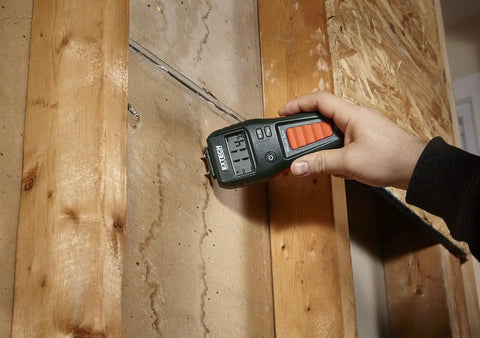 Pinless Moisture Meter For Wood And Building Materials For DIYers With Visual Moisture Icons measuring moisture on drywall wall