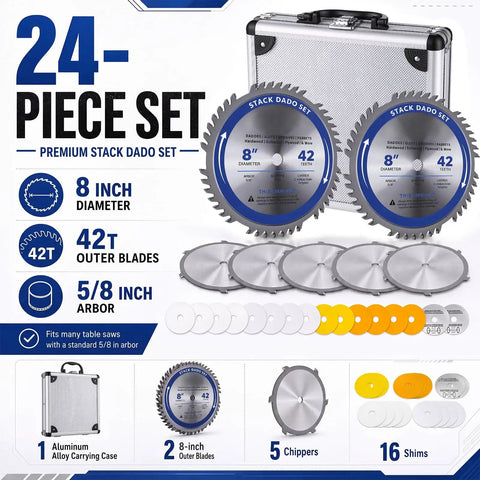 Top Shelf 8 Inch Stacked Dado Blade Set Packing 42 Razor Sharp Teeth And 24 Precision Shims with case and components