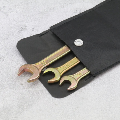 3 open end wrenches in cloth bag from 7 Piece Motorcycle Maintenance Tools Kit With Open End Wrenches 8-10mm 12-14mm 14-17mm, Screwdriver, Spark Plug Sleeve 16-18mm, Pliers, And Carrying Cloth Bag For Ride Ready Garage Grade Bike Repair