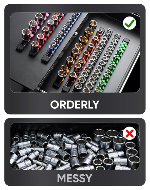 Heavy Duty 3 Piece ABS Socket Organizer With Spring Locked Storage Rails Designed To Grip 3/8 Inch Drive Sockets Firm Through Rough Jobs And Long Garage Shifts While Withstanding Daily Workshop Abuse And Impact