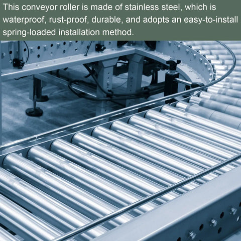 Heavy Duty Stainless Steel Conveyor Roller Replacement For Warehouses Factories And Logistics With Butter Smooth Glide Design One Inch Diameter By 20 Inch Length installed in conveyor system, showcasing smooth operation.