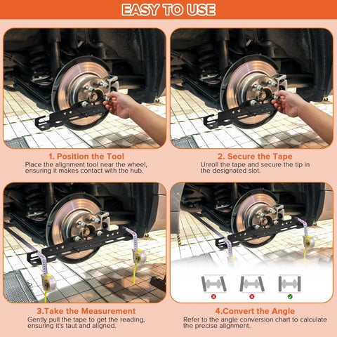 Wheel Alignment Tool Kit With Two Measuring Tapes Matte Black Toe And Camber Plates For Home Garage Use Pro Grade Front End Alignment Tool For DIY Car Maintenance showing step-by-step usage.