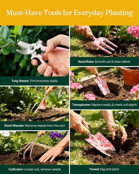 12-Piece Pink Yard Tool Set For Women And Men With Durable Carrying Case Rust-Resistant And Heavy-Duty Tools For Digging Planting Pruning Watering