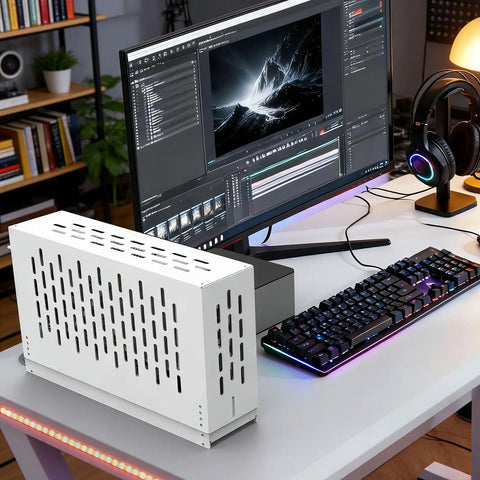 External GPU Dock For Laptops Featuring Heavy Duty Metal Frame And Real PCIe 4.0 Support on modern desk setup with computer monitor.