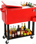 Red 80QT Rolling Cooler On Wheels With Bottle Opener Outdoor Beverage Cooler For Patio And Backyard BBQ Beach Trip Or Party Holds Up To 100 Cans Keeps Drinks Cold 48 Hours And Warm 8 Hours Easy Access Storage Tray