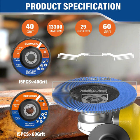 4 1/2 Inch Flap Disc Set For Angle Grinder With 7/8 Inch Arbor, 30 Pack Dual Grit 40 And 60 T29 Zirconia Abrasive Discs