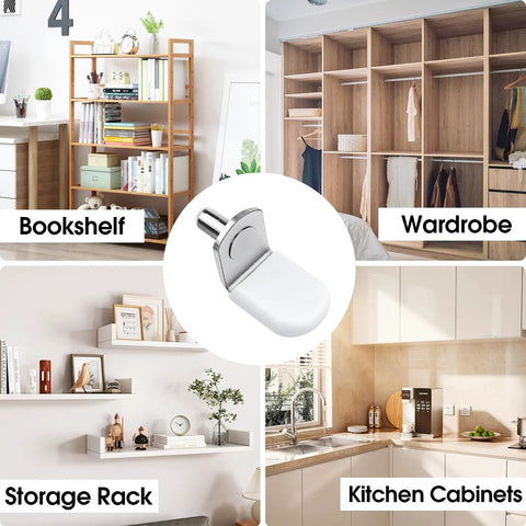 24 Pack Nickel Plated Shelf Pins And Pegs 5Mm With Anti Slip Caps Rock Solid Design For Kitchen Pantries Home Bookcases Medicine Cabinets displayed in multiple storage solutions.