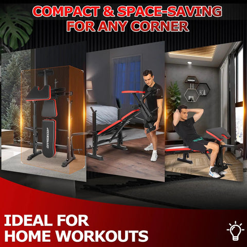 900 Lb All In One Weight Bench Set With Squat Rack Adjustable Bench Leg Developer in home workout setting