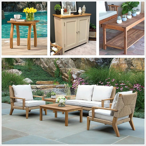 Outdoor furniture set with wooden table, chairs, and cabinet, surrounded by garden greenery and flowers