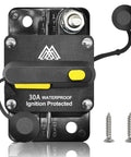Rock Solid 30 Amp Circuit Breaker Fuse Inline Holder With No Sweat Manual Reset Push Button and Kill Switch Function, waterproof with screws.