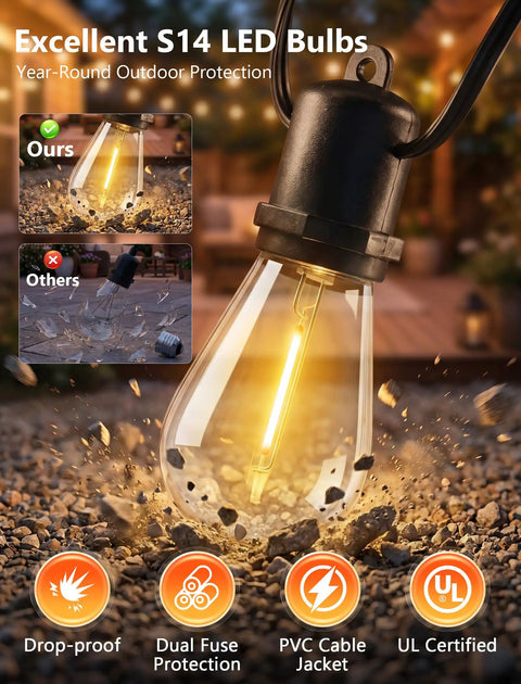 Close-up of 48Ft Outdoor String Lights With 16 LED Warm White Bulbs, showing shatterproof design and warm glow on gravel surface