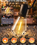 Close-up of 96ft Waterproof Outdoor String Lights with 32 Warm White LEDs, featuring shatterproof S14 bulb and black wire.