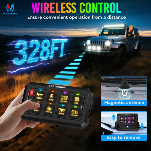 Eight Gang Wireless Switch Panel For Off Road Vehicles With 328 Ft Remote Range, shown with Jeep on trail at dusk