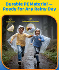 Two children running in Family Pack Disposable Kids Poncho With Drawstring Hood Waterproof Lightweight Breathable Emergency Rain Gear