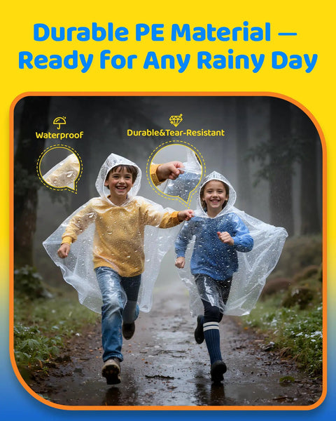 Two children running in Family Pack Disposable Kids Poncho With Drawstring Hood Waterproof Lightweight Breathable Emergency Rain Gear
