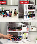 Super Darn Handy Pull And Spin Cabinet Caddy Spice Rack Organizer For Kitchen Pantry Organization Bathroom Medicine Bottles Cosmetics And Small Item Stash Keeping 2 Tier Design, before and after organization comparison.