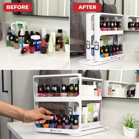 Super Darn Handy Pull And Spin Cabinet Caddy Spice Rack Organizer For Kitchen Pantry Organization Bathroom Medicine Bottles Cosmetics And Small Item Stash Keeping 2 Tier Design, before and after organization comparison.