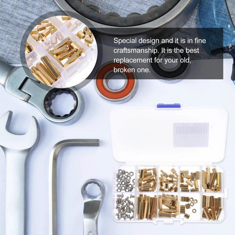 Hex Standoff And Screw Nut Kit With Stainless Steel And Brass Hardware for Computer Motherboard Installations and Machine Parts.
