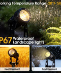 Outdoor All-Weather Landscape LED Spotlight Kit For Garden Yard House Lawn Tree And Fence With Warm White 2700K To 3300K IP67 Weatherproof Connectable 4 Pack Ideal For Pathways Patios And Perimeters Low Voltage Easy Install spotlight in rain, snow, and sun conditions.