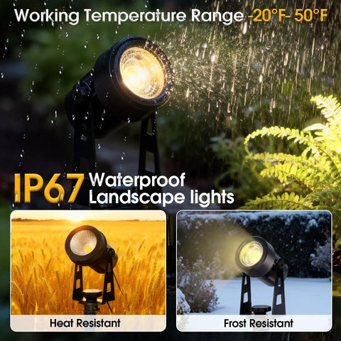 Outdoor All-Weather Landscape LED Spotlight Kit For Garden Yard House Lawn Tree And Fence With Warm White 2700K To 3300K IP67 Weatherproof Connectable 4 Pack Ideal For Pathways Patios And Perimeters Low Voltage Easy Install spotlight in rain, snow, and sun conditions.