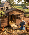 Child and chickens near spacious wooden chicken coop with two nesting boxes for your backyard flock, outdoor hen house and poultry hutch
