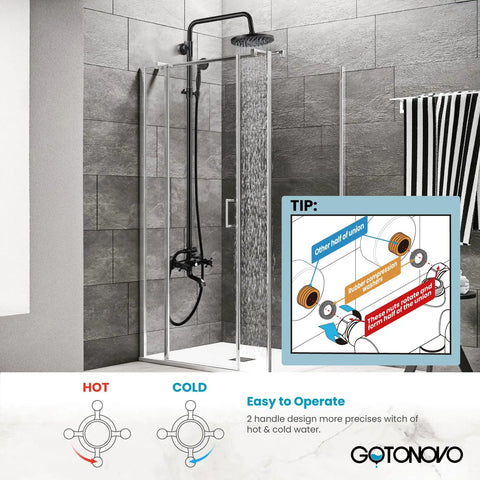 Oil Rubbed Bronze Wall Mounted Shower System With 8 Inch Rain Shower Head Tub Spout And Handheld Sprayer Three Function Diverter Double Cross Handles Solid Brass Construction installed in modern bathroom