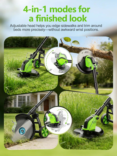 Cordless 800W Brushless Weed Wacker With Wheels 20,000 RPM 12 Inch 4 In 1 String Trimmer Lawn Edger features in action