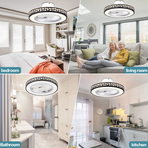 Compact Black Flush Mount Ceiling Fan With Lights And Remote Control, Low Profile Enclosed Design in various room settings.